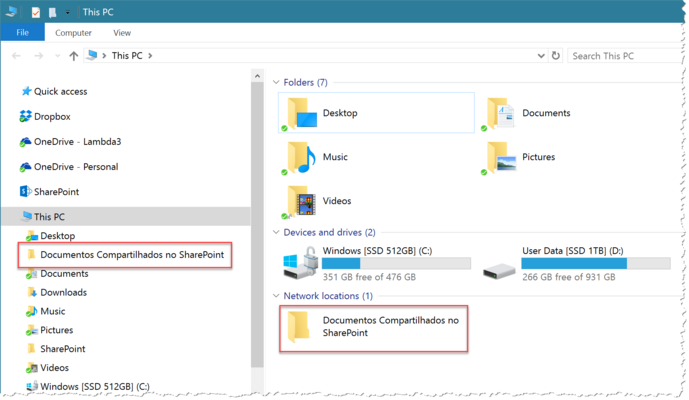 Pasta do SharePoint acessível a partir do File Explorer