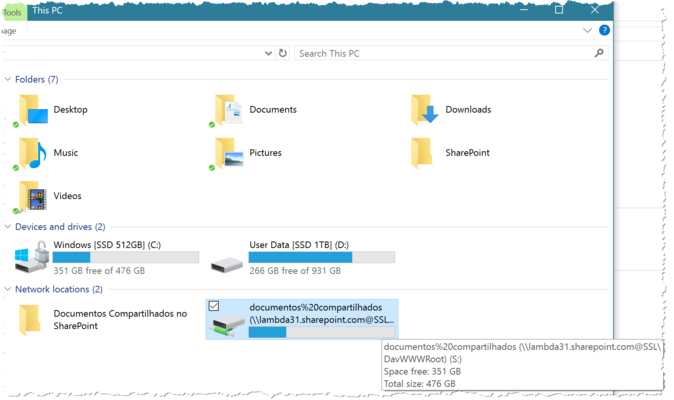 Nova unidade mapeada S:, apontando para uma biblioteca SharePoint