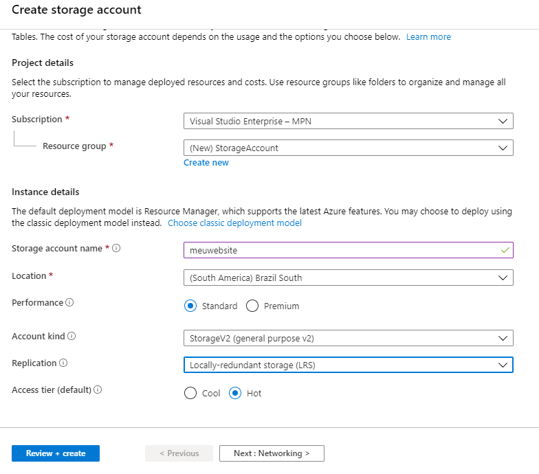 Configuração inicial do Storage Account