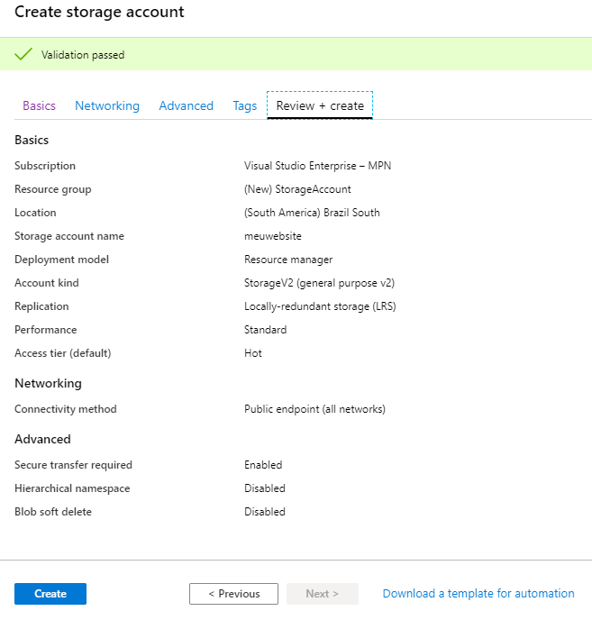 revisão dos dados para criação do storage account