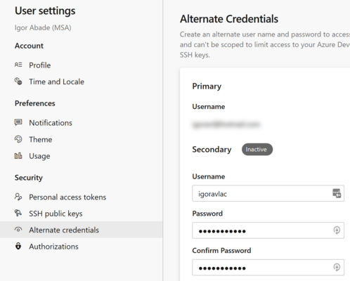 Janela de exemplo de configuração de Credenciais Alternativas