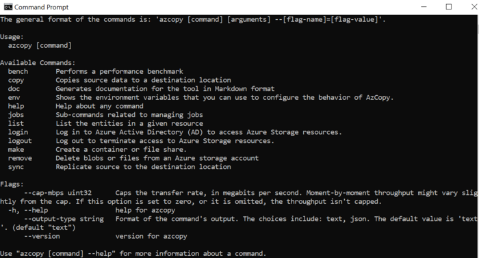 command line com resultado do comando azcopy help