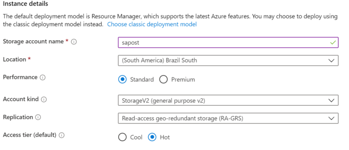 complemento criação storage account