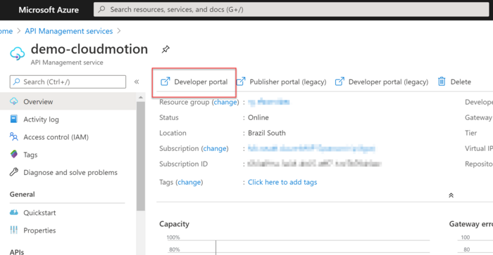 Portal do Azure com o link para acessar o Portal do Desenvolvedor