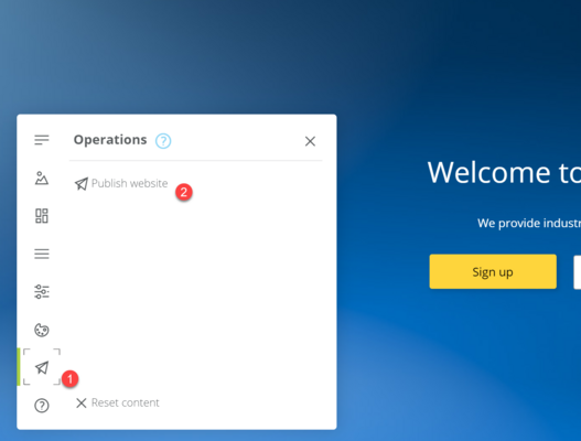 Quando um usuário clica no botão "Operations" (1) e em "Publish website" (2), o HTML do site é gerado e publicado para acesso pelo usuário final