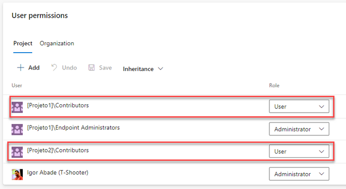 Seção "User permissions", com os grupos Contributors dos projetos Projeto1 e Projeto2 definidos como Users