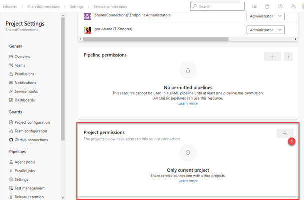 Página de configuração de segurança da service connection, com a seção "Project permissions" destacada. O botão [+] (1) permite adicionar um compartilhamento