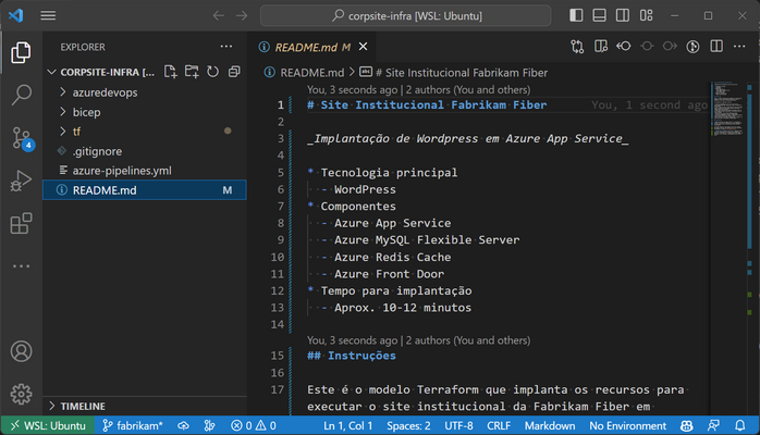 Estrutura de pastas do repositório configurada no VS Code. Repare nas pastas azuredevops, bicep e tf, além do arquivo azure-pipelines.yml