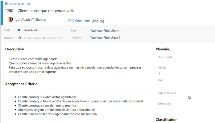 Exemplo de estória de usuário no Azure DevOps, intitulada "Cliente consegue reagendar visita". É para essa estória que iremos solicitar feedback ao usuário