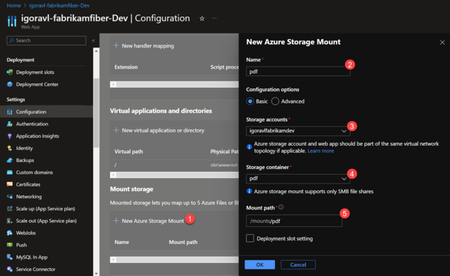 Para conectar a storage account à sua aplicação, clique em New Azure Storage Mount (1), dê um nome ao ponto de montagem (2), e selecione a conta (3), o _file share_ (4) e o nome da pasta onde o compartilhamento será montado (5)