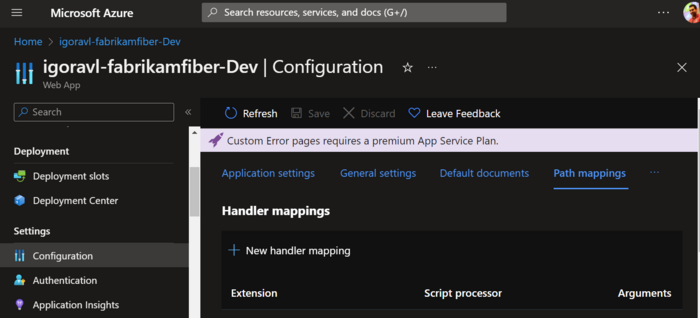 Seção Path Mappings da página de configuração do App Service