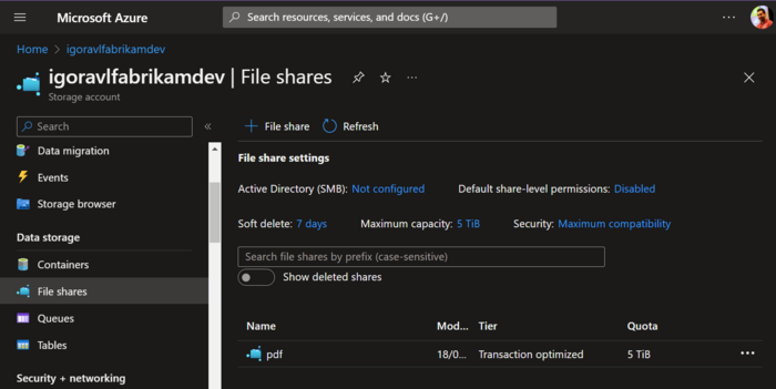 Conta de armazenamento do Azure com um compartilhamento de arquivos chamado "pdf"