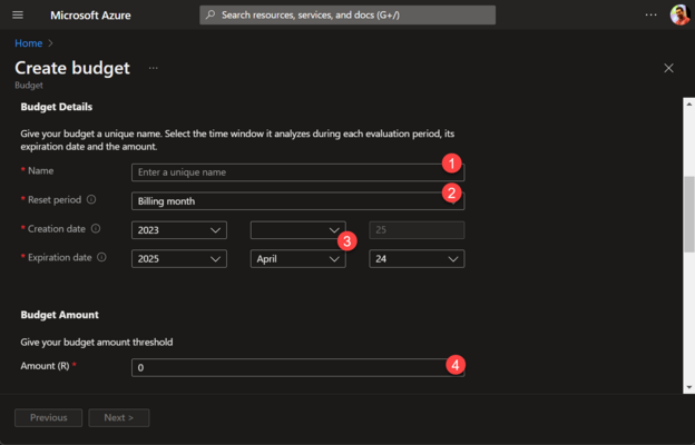 Você pode definir diferentes periodicidades ("reset period") e vigências para o seu orçamento. O mais comum, entretanto, é alinhar o seu orçamento ao "mês de faturamento" ("billing month") do Azure