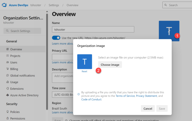 Para trocar o ícone da organização, clique sobre a figura do ícone (1) na seção Overview e então selecione sua imagem desejada na opção "Choose image" (2)