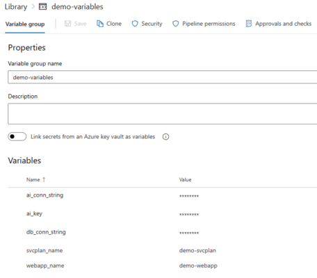 Grupo de variável criado através do Terraform, com os valores das variáveis inseridas automaticamente a partir dos valores dos recursos